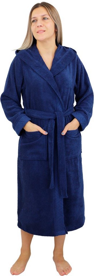 my home Damenbademantel Livia, ideal für Sauna & Spa, Hotelbademantel, Langform, Walkfrottee, Kapuze, Gürtel, gemusterter Bordüre, langer Bademantel Damen, 100% Baumwolle, XS-2XL von my home