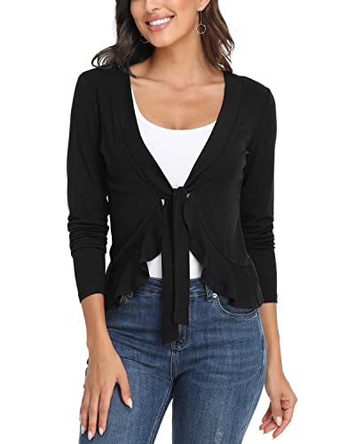 andy & natalie Damen Rüschenstrickjacke Shrugs Tie Front Langarm Open Front Bolero Cardigan, schwarz, Klein von andy & natalie