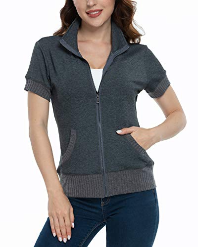 andy & natalie Damen Zip Up Sweatshirts Jacke Stehkragen Kurzarm Shirt Jacken mit Taschen - Grau - Medium von andy & natalie