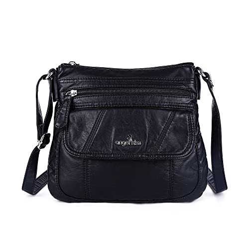 Angelkiss Kleine Damen-Umhängetasche, Leder, Schultertasche für Damen, Hobo-Tasche mit verstellbarem Schultergurt, Schwarz von Angel Kiss