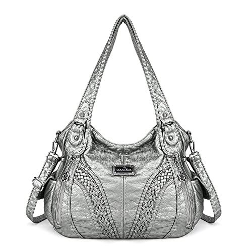 Angelkiss Women Top Handle Satchel Handbags Shoulder Bag Messenger Tote Washed Leather Purses Bag (Sliver Grey) … von Angel Kiss