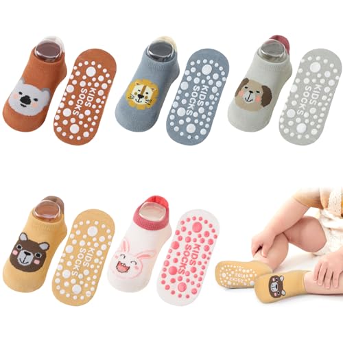 angelikashalala 5 Paar Stoppersocken Baby, Rutschfeste Socken für Baby Anti Rutsch Babysocken with Cartoon Tiermotive Kleinkind Socken Baby für Baby Mädchen Kinder Jungen(0-12 Monate) von angelikashalala