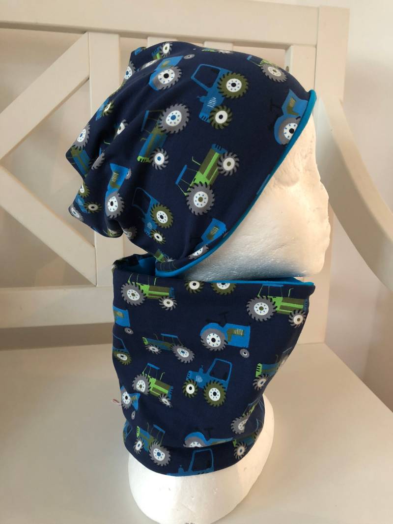 Set Beanie Loop Schal Mütze Kinder Jungen Gr. 44 - 56 Jungs Bagger Traktor Feuerwehr von angiwithlove