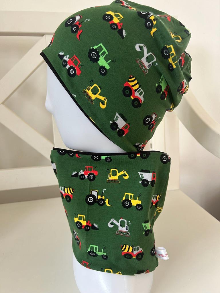 Set Beanie Loop Schal Mütze Kinder Jungen Gr. 44 - 56 Jungs Bagger Traktor Feuerwehr von angiwithlove