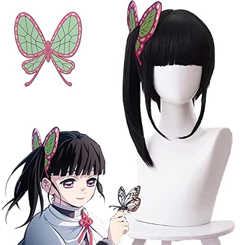 Tsuyuri Kanao Perücke mit Schmetterling Clip Kimetsu no Yaiba Kostüm Perücke Schwarz Perücken für Anime Fans von animacoser