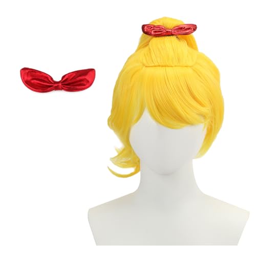 Gelbe Kurze Damen Perücke mit Pferdeschwanz Halloween Karneval Fasching Cosplay Anime Haar mit Roter Schleife Haarnadel von animacoser