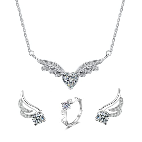 ankbrats Engelsflügel Schmuckset aus 925 Sterling Silber, verstellbare Halskette Ringe und Ohrstecker Set mit Weiß Herz Zirkonia, Schutzengel Schmuckset für Frauen Mädchen von ankbrats