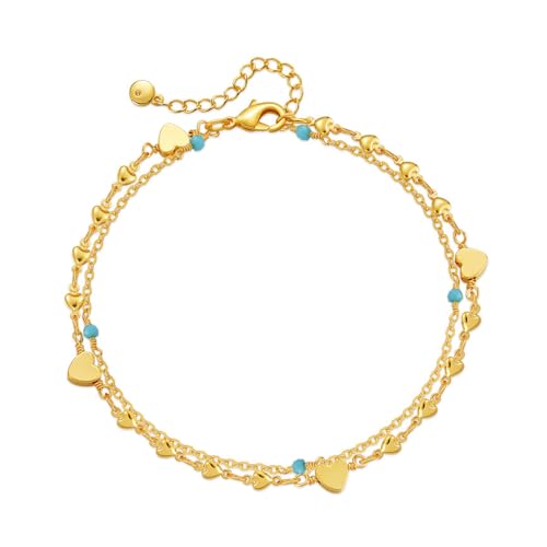 ankbrats 18K Vergoldet Fußkettchen für Damen-Verstellbar Gold Herz Doppelte Layered Fussketten-Wasserfest Strand Fußkette Schmuck Geschenk für Frauen Mädchen Teenager von ankbrats