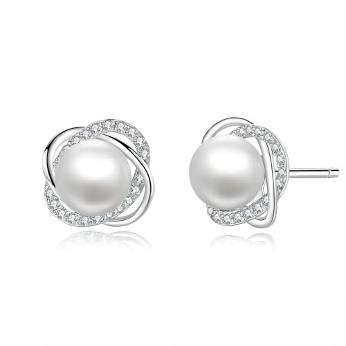 Ankbrats 925 Sterling Silber Hypoallergene Kleeblatt Ohrringe Stecker Mit Cubic Zirkonia - Modische Elegante Süßwasserperlen Geschenk für Frauen Mädchen von ankbrats