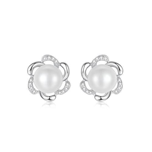 ankbrats 925 Sterling Silber Perlenohrringe für Damen, Hypoallergenic Blumen Perlen Ohrstecker mit Zirkonia, Modische elegante Süßwasserperlen Ohrringe Geschenk für Frauen Mädchen von ankbrats