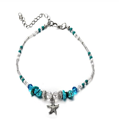 ankbrats Frauen Seestern Türkis Fußkettchen, Längenverstellbare Sommer-Fußkettchen, Strandperlen Fußkettchen für Frauen und Mädchen von ankbrats