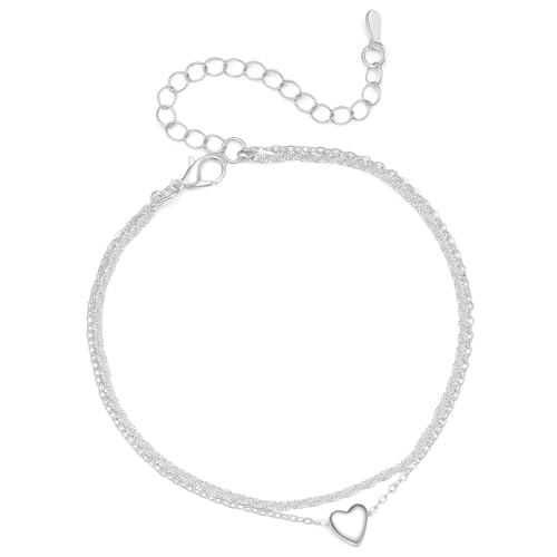ankbrats Silber Fußkettchen für Damen-Verstellbar Herz Doppelte Layered Fussketten-Wasserfest Frauen Mädchen Sommer Strand Schmuck Geschenk (Silber) von ankbrats