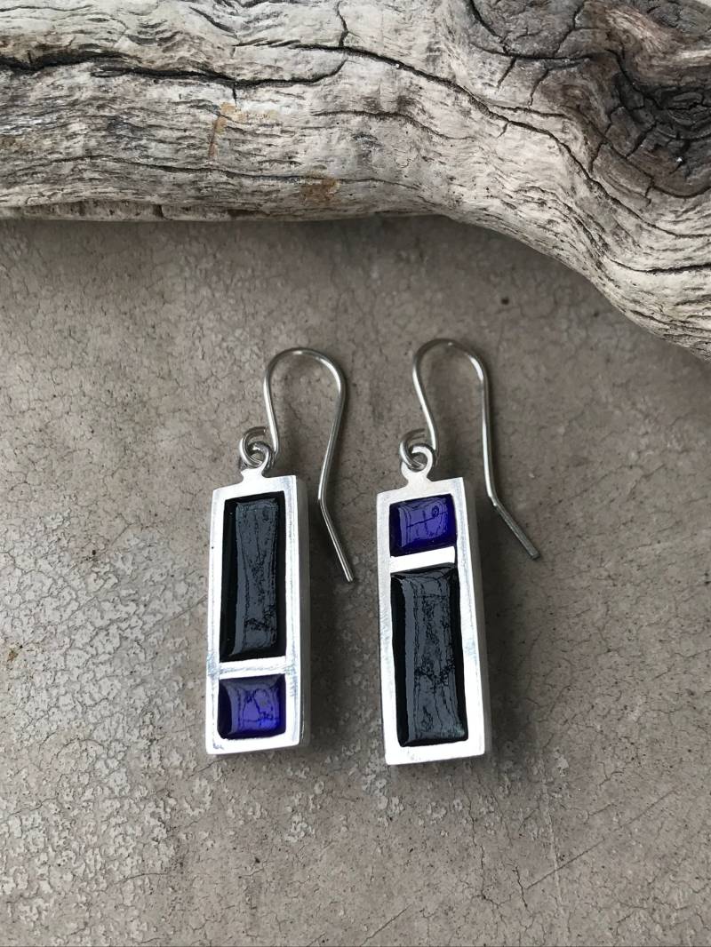 Rechteck Sterling Silber Ohrringe, Schwarz Und Kobalt Emaille, Kunst Schmuck von anluz