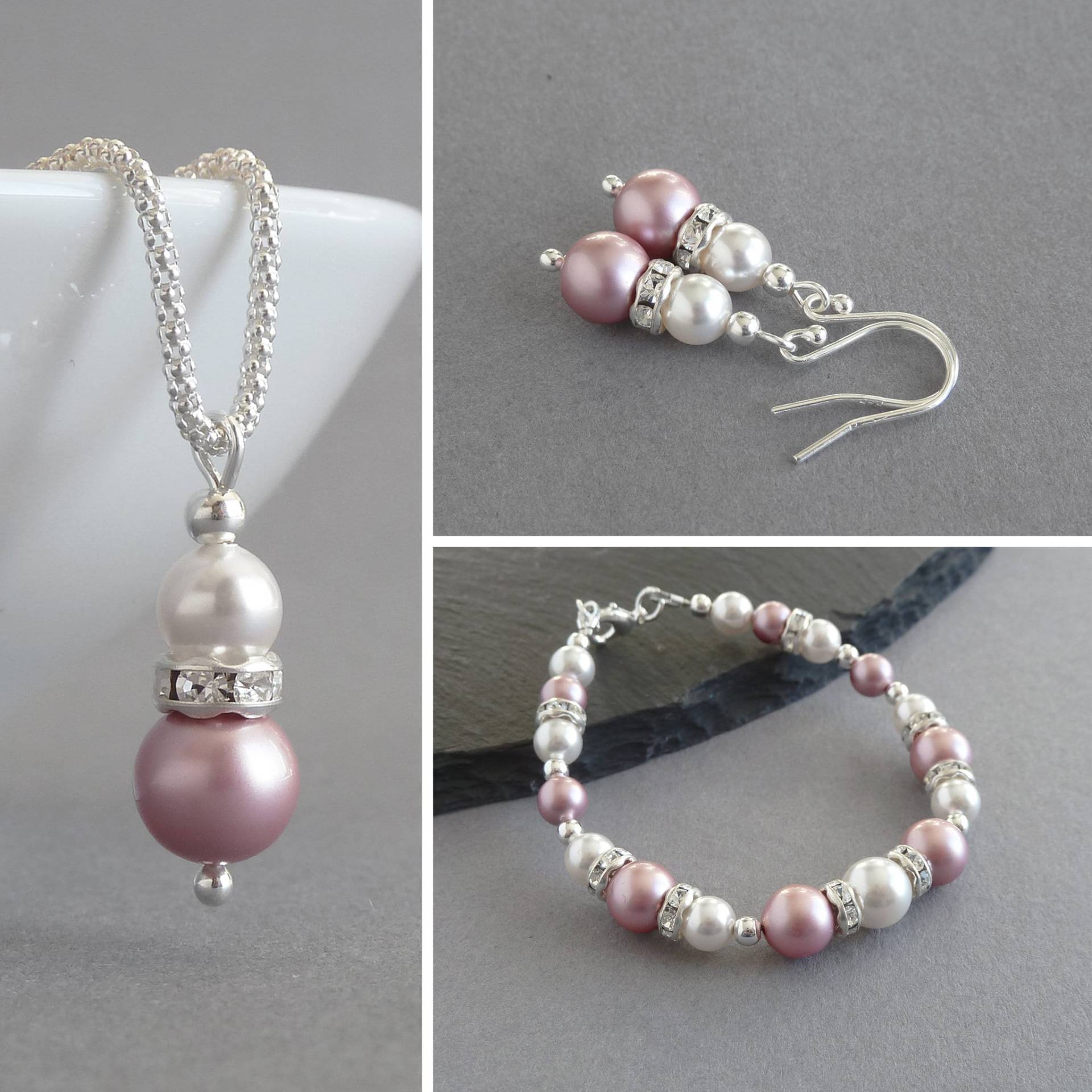 Altrosa Perlenschmuck Set - Powder Rose Perle Und Kristall Schmuckset Weiße Tropfen Halskette, Armband Ohrringe Altrosa Perlenschmuck Set - Powder Rose Perle Und Kristall Schmuckset Weiße Tropfen Halskette, Armband Ohrringe von annakingjewellery