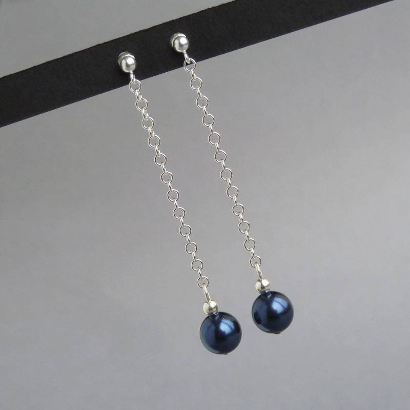 Lange Marine Ohrringe - Sterling Silber Und Mitternachtsblaue Perlenschmuck Brautjungfern Geschenke Für Hochzeiten Brautparty von annakingjewellery