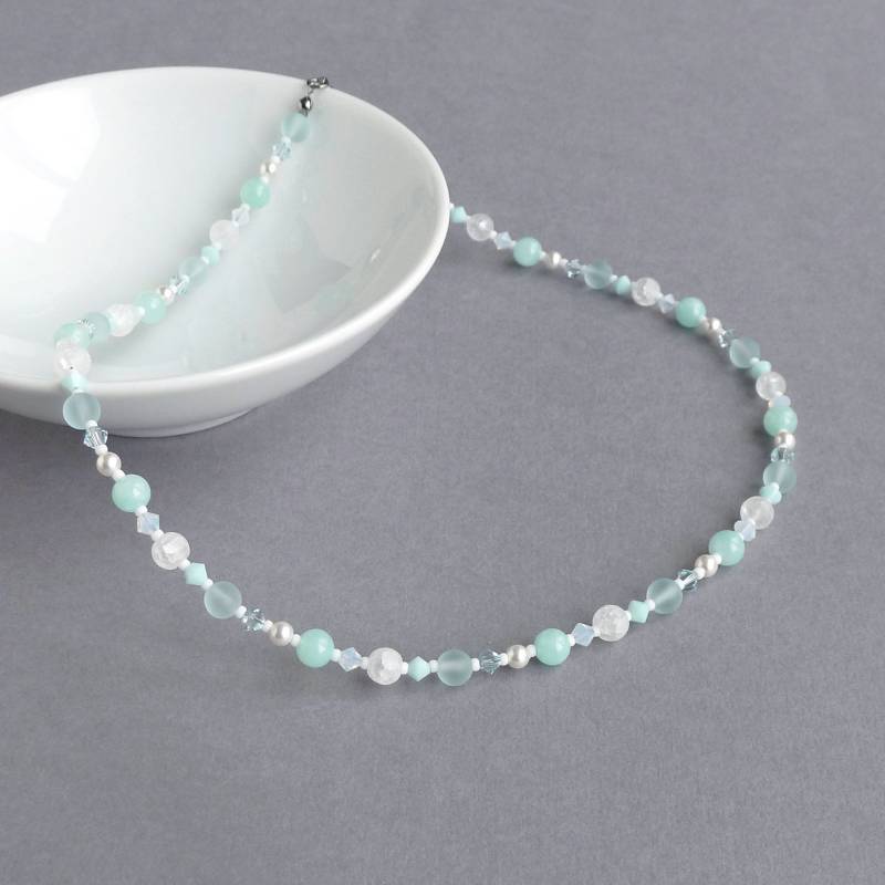 Mintgrüne Edelstein- Und Perlen-Halskette - Aqua Weißer Hochzeitsschmuck Mutter Der Braut/Des Bräutigams Entenei-Blaue Halsketten von annakingjewellery
