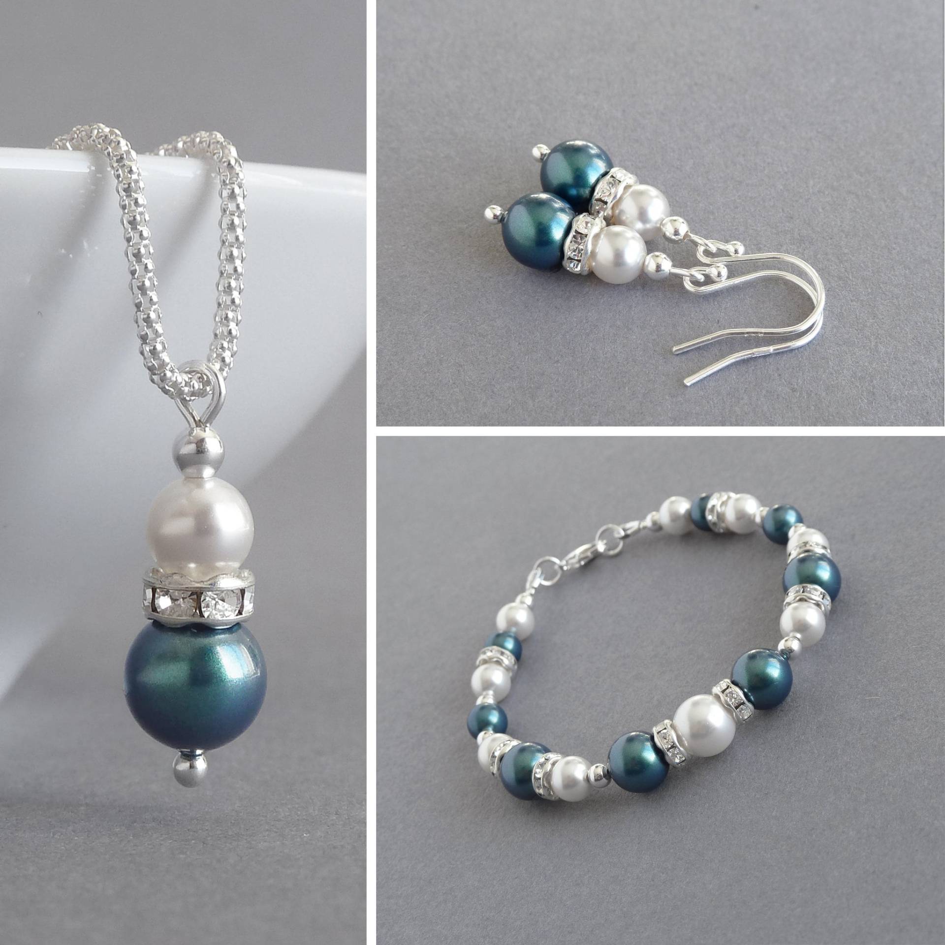Perlen Schmuck Set - Petrol Blau Und Kristall & Weiße Brautjungfer Halskette, Armband Ohrringe Hochzeit Perlen Schmuck Set - Petrol Blau Und Kristall & Weiße Brautjungfer Halskette, Armband Ohrringe Hochzeit von annakingjewellery