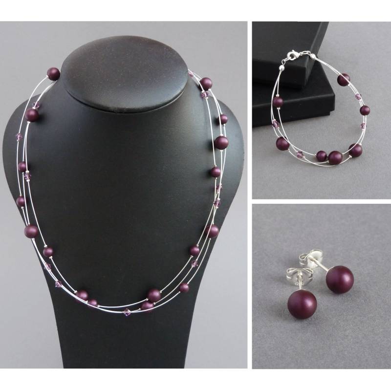 Pflaume Floating Pearl Schmuck Set - Lila Halskette, Armband Und Ohrstecker Damson Multi Strand Aubergine Brautjungfer Geschenke Pflaume Floating Pearl Schmuck Set - Lila Halskette, Armband Und Ohrstecker Damson Multi Strand Aubergine Brautjungfer Geschenke von annakingjewellery