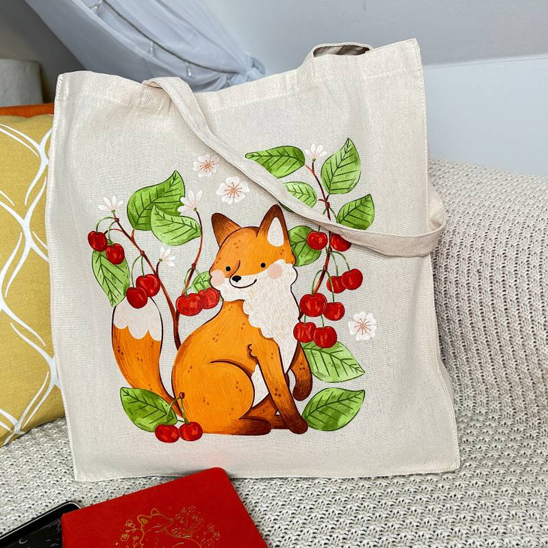 Cherry Fox Thick Canvas Tote Bag With Folds On The Bottom & Side von annalunakdraws
