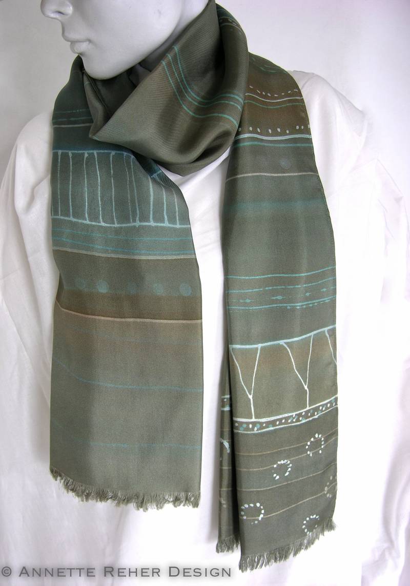 Schal Seide Twill, Malerei, Handdruck, Schilf, Oliv, Petrol Schal Seide Twill, Malerei, Handdruck, Schilf, Oliv, Petrol von annettereher