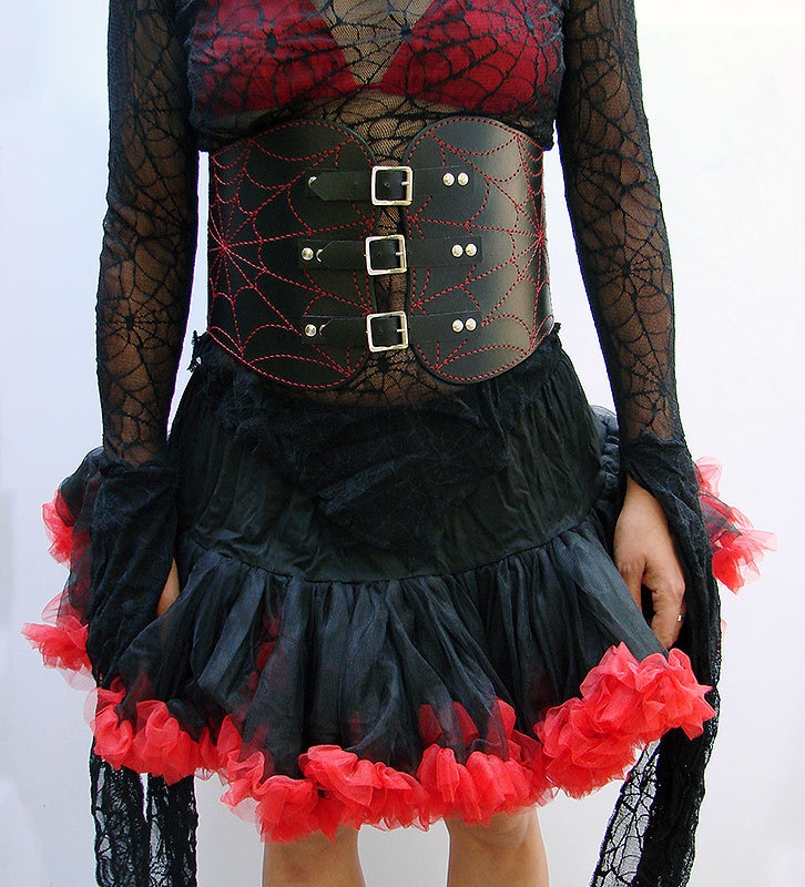 Gothic Schwarz Leder Korsett Gürtel Rot Spinnennetz Taille Cincher von anotherwayoflife