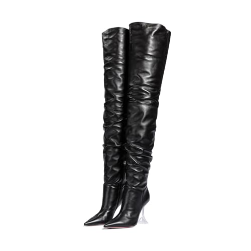 anteikira Modische Overknee-Stiefel für Damen, spitzer Zehenbereich, transparenter Absatz, hoher Absatz, seitlicher Reißverschluss, hohe Stiefel für Damen, Größe 38-47, Schwarz, 37.5 EU von anteikira