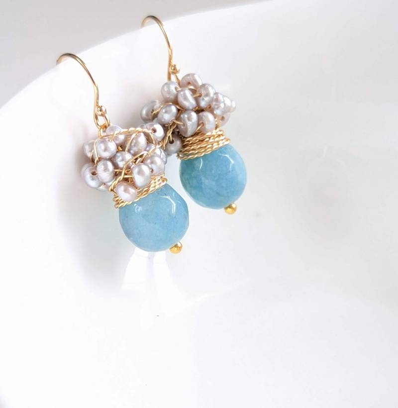 Aquamarin Ohrringe - The Laurent März Geburtsstein Mit Großem Facettierten Und Silberperlen, Hochzeitsschmuck, Blauer Stein, Frisch von anthology27