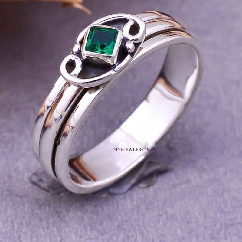 Smaragd Edelstein Spinner Ring 925Er Silber Handgemachter Daumen Sorgenring Angstring Jubiläumsring Frauenring Rr73 von antique925SilverShop