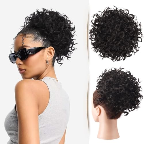Haarknoten, Messy Bun Haarteil for schwarze Frauen – Lockiger Pferdeschwanz mit Kordelzug, locker gewellter 80 g zerzauster Kunsthaarknoten,für Frauen(Light black) von anxinda