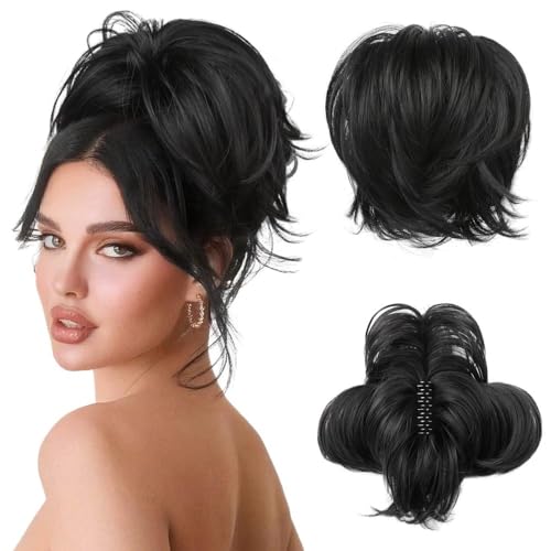 Haarknoten, Messy Bun Haarteil mit biegbarem Metalldraht, 9 Zoll Klauenklammer for Frauen, glatter Haarknoten und Pferdeschwanzverlängerung,für Frauen(Dark black) von anxinda