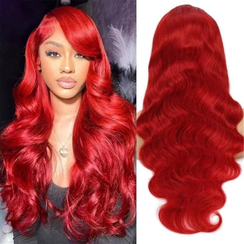 Perücken 13x4 Body Wave Echthaarperücke mit roter Spitze vorne für Damen(24inch) von anxinda