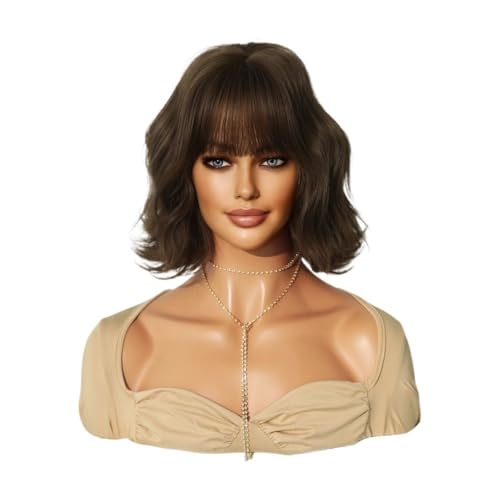 Perücken Damen-Perückenset mit kurzen lockigen Haaren, gewellt, ordentlicher Pony-Mechanismus, Chemiefaser-Perückenset für Damen(Cold Brown) von anxinda