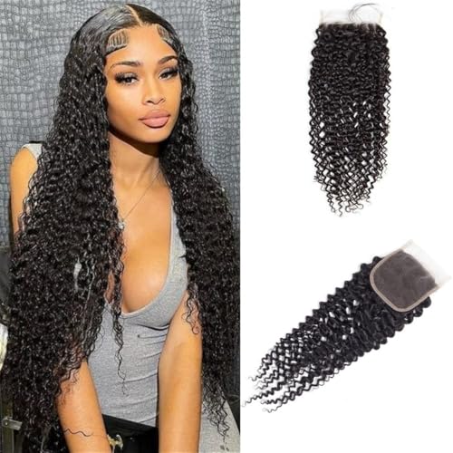 Perücken Echthaarblock 4 * 4 verworrener lockiger Spitzenverschluss Spitze voll handgewebter Haarblock für Damen(12inch) von anxinda