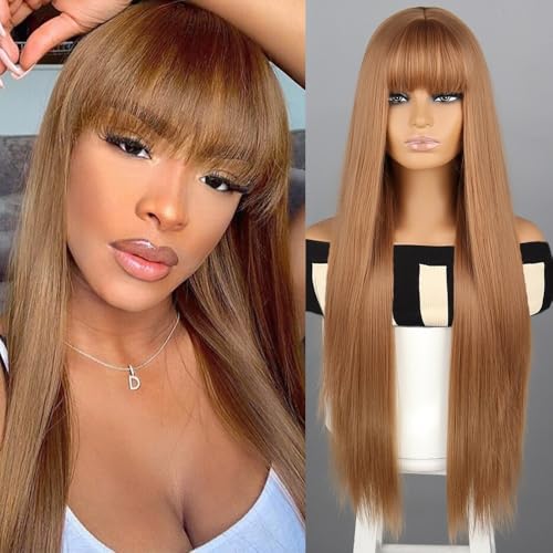Perücken Lange Synthetikperücke mit glattem Pony und Haaransatz für Damen(Brown) von anxinda