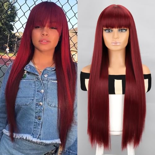 Perücken Lange Synthetikperücke mit glattem Pony und Haaransatz für Damen(Burgundy) von anxinda