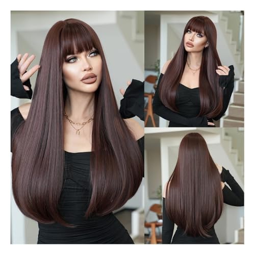 Perücken Langes, glattes Haar for Damen, Mokkabraun, Pony innen, Schnalle, flacher Kopf, modische Perücke, Vollkopfperücke für Damen(Mocha red brown) von anxinda