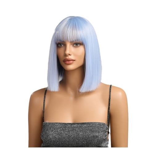 Perücken Weihnachten Hellblau Qi Pony Qi Kurzes Glattes Haar Chemische Faser Volle Kopfbedeckung Europäisch und Perücke für Damen von anxinda