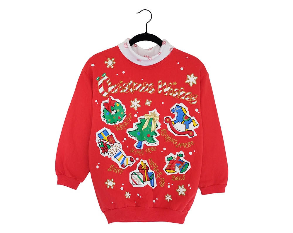 Vintage Hell Rot Hässlich Urlaub Weihnachten 3D Kranz Band Ornamente Rollkragen Rundhals Sweatshirt, Made in Usa Vintage Hell Rot Hässlich Urlaub Weihnachten 3D Kranz Band Ornamente Rollkragen Rundhals Sweatshirt, Made in Usa von anystore