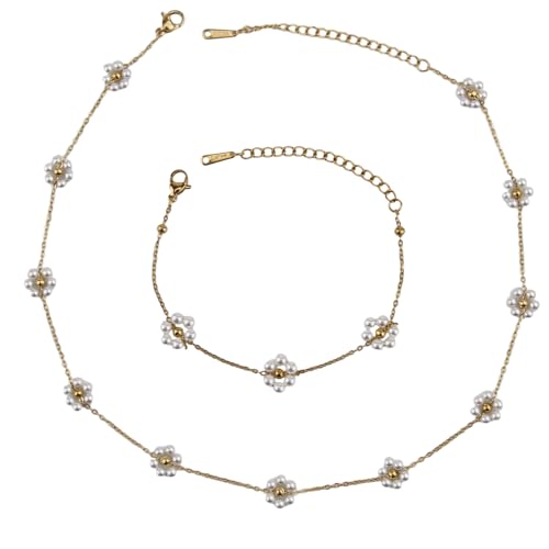 Necklace Women,Golden Perlenkette Damen,Halskette Weiße Perle Zarte Blume Beads,Choker Layering Goldkette Silberkette Mit Anhänger,Hochzeit Geschenke Braut Frauen Modeschmuck,Wasserfester Schmuck von anyts