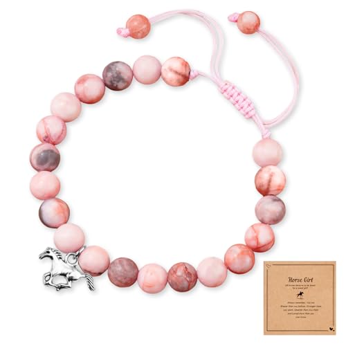 Pferde Mädchen Geschenk Armband mit Pferdeanhänger aus rosa Naturstein, Pferde Zubehör Armband Pferdegeschenke für Mädchen, Enkelin, Tochter, Nichte, die Pferde liebte von anyts