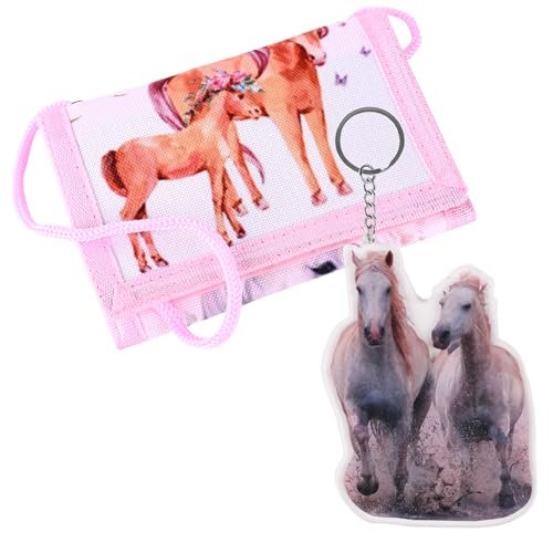 anyts Brustbeutel Kinder Pferde Mädchen Geschenk, Kinderportmonee Mädchen Brustbeutel Dreifach Gefaltete Geldbörse mit Schlüsselanhänger, Portemonnaie Kinder Pferd von anyts