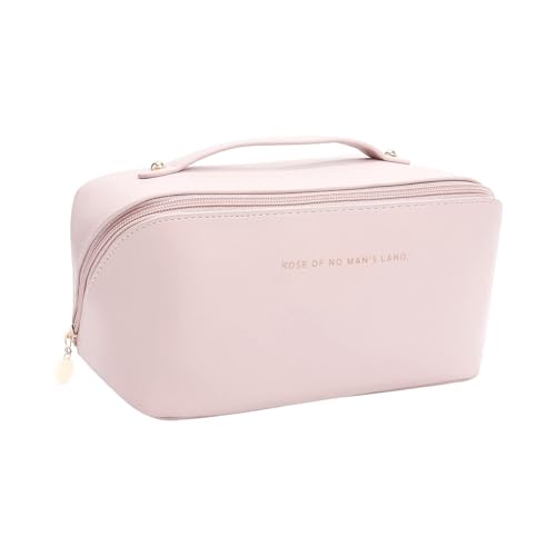 aokansha Make-up-Tasche – große Kapazität, Reise-Kosmetiktasche für Damen, tragbar, Leder, wasserdicht, Reise-Make-up-Tasche, Organizer, multifunktional, offener flacher Kulturbeutel mit Griff, Pink von aokansha