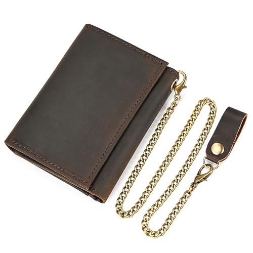aolaso Herren Geldbörse mit Kette, Retro Handmade Echtleder Trifold Wallet mit Kartenschlitzen RFID Blocking Anti-Diebstahl Kette-Kaffee von aolaso
