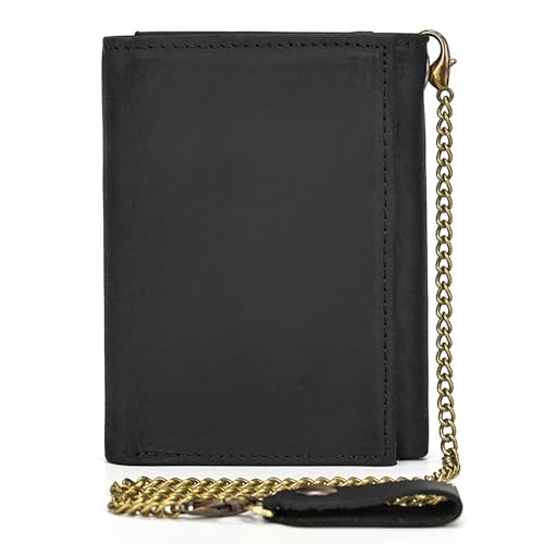 aolaso Herren Geldbörse mit Kette, Retro Handmade Echtleder Trifold Wallet mit Kartenschlitzen RFID Blocking Anti-Diebstahl Kette-Schwarz von aolaso