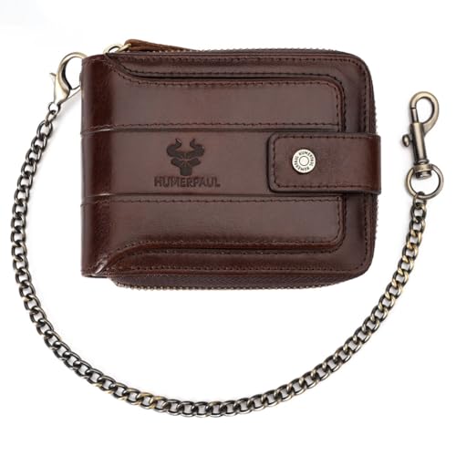 aolaso Herren Geldbörse mit Kette- Leder mit Reißverschluss Vintage RFID-Blockierung große Kapazität Geldbörse für Männer mit 13 Kreditkartenfächer-Koffee von aolaso