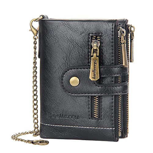 aolaso Männer Brieftasche mit Kette- PU Kunstleder Bifold Wallet für Männer Double Zipper Coin Pocket Purse Double Anti-Diebstahl Schwarz von aolaso