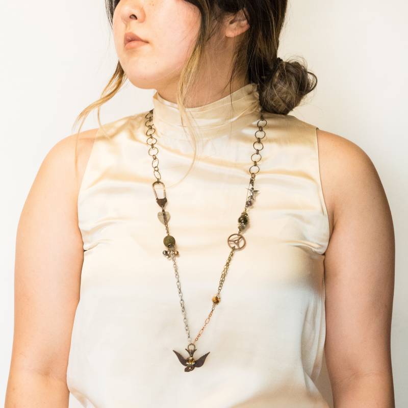 Liebe Halskette | A Bernstein Marmor Perle Kupfer Kristalle Kettenräder 31" Kette Hand Gestempelt Metall "Liebe" Schwenkkklappen Silber Vogel Mesh von apeaceofmyheart4u