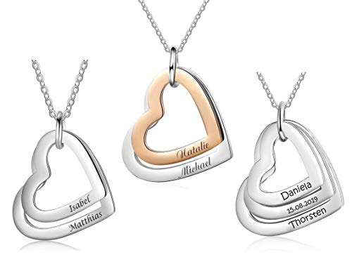 aplusashop ID Anhänger Herz + Gravur nach Wunsch Edelstahl mit Kette Neu 2-3 Herzen (2 Herzen, 1 Silber + 1 Rose-Gold, Mit Gravur) von aplusashop