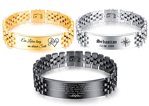 aplusashop ID Edelstahl Herkules Armband mit Gravur nach Wunsch massiv, 3 Farben, mit Box (Schwarz, Mit Gravur) von aplusashop