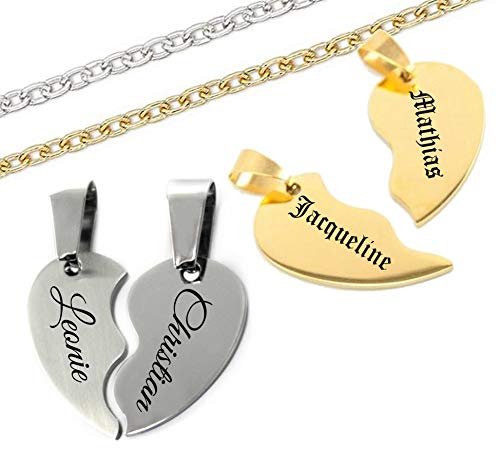 aplusashop ID Partner Anhänger geteiltes Herz + Ketten + Gravur nach Wunsch Gold oder Silber Zwei Herzteile (Silber, Onhe Gravur) von aplusashop